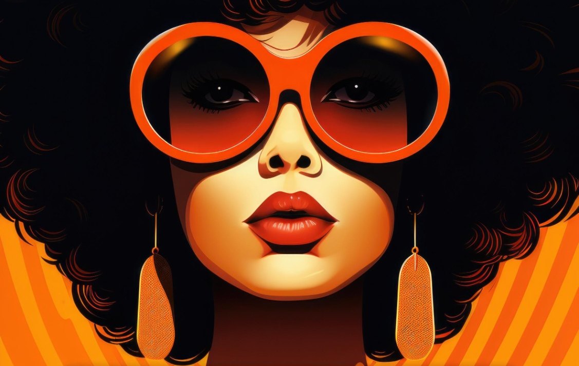 Illustration einer Frau mit Afro, grosser oranger Sonnenbrille und goldenen Ohrringen